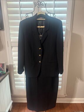Women's Wool Black Skirt Suit with Gold Buttons